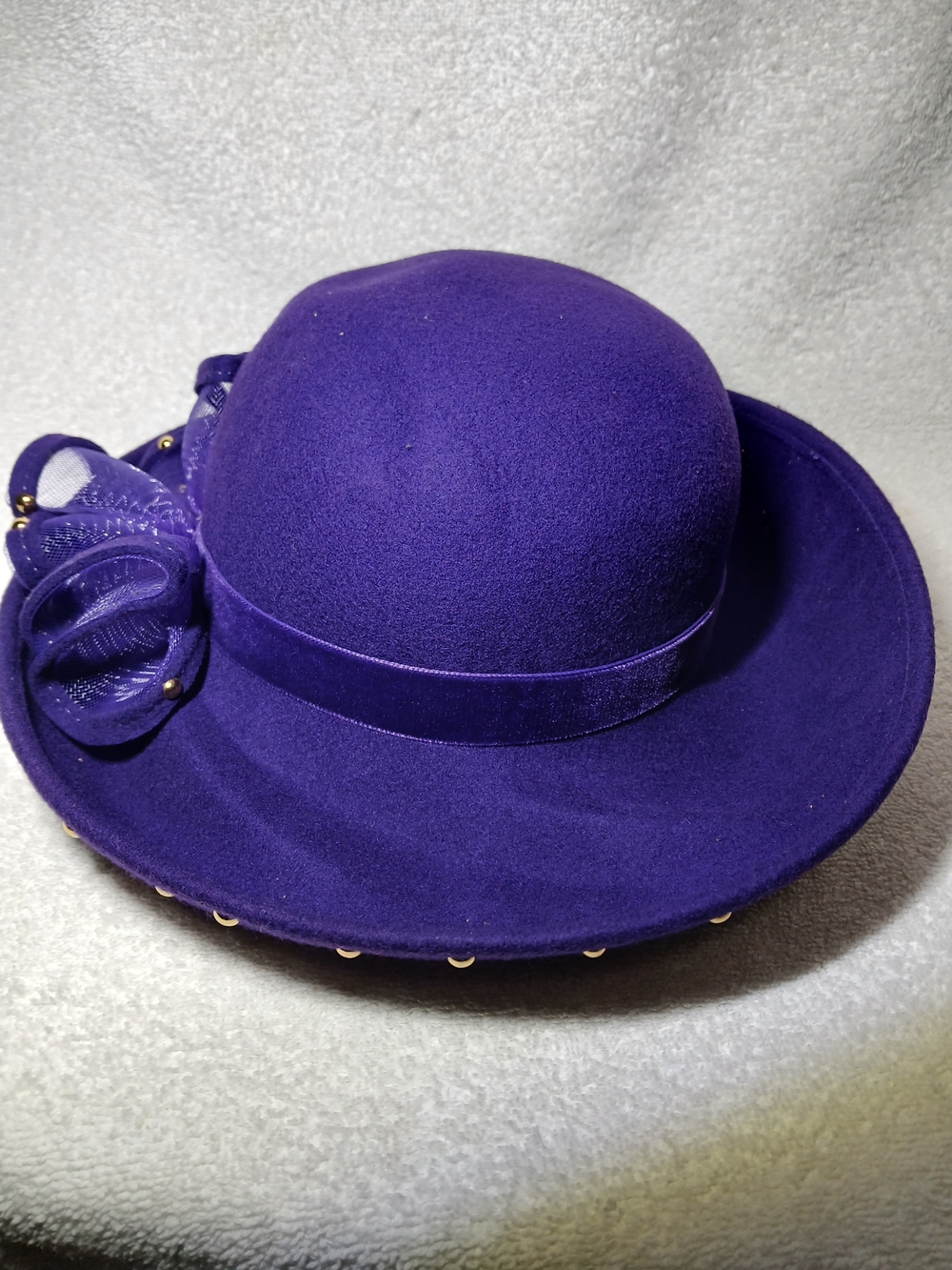 Vintage Laura Ashley Purple 100% Wool Felt Wide-Brim Hat with Bow Accent